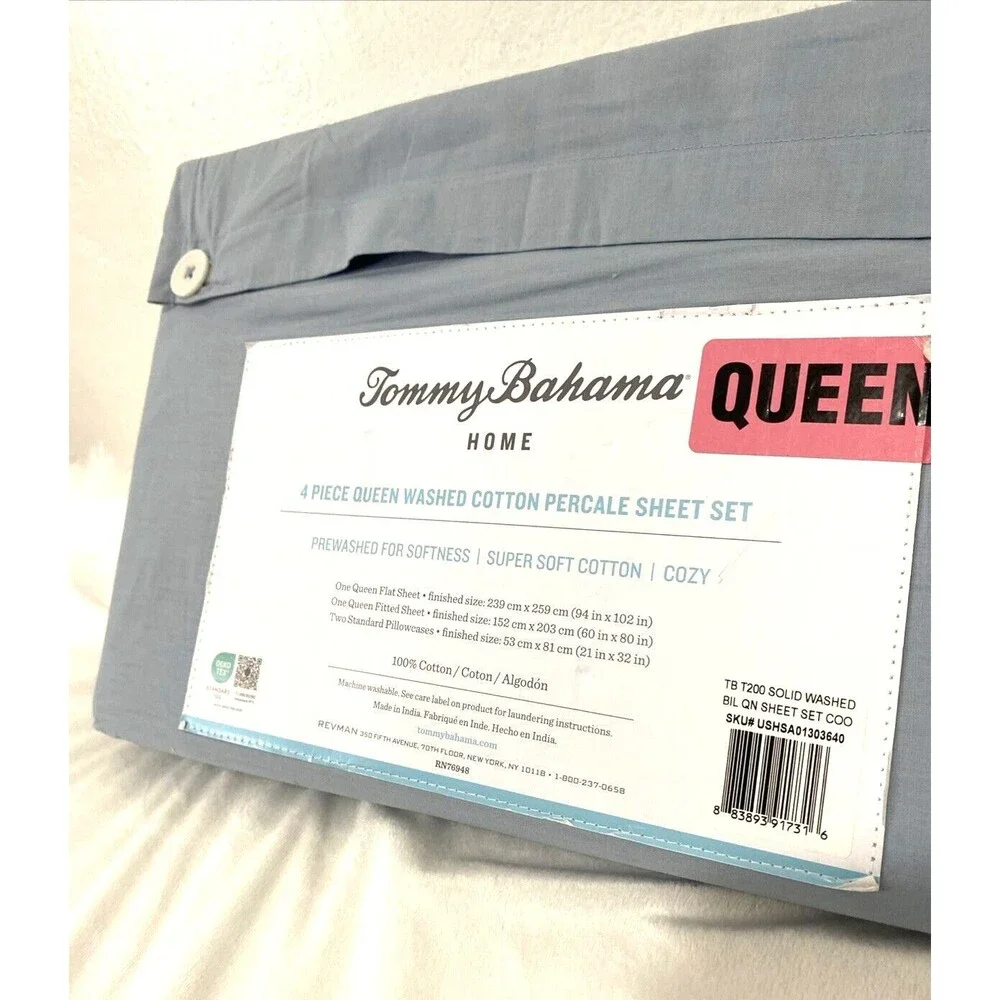 Tommy Bahama Queen Sheet Set 4 Pieces Home Washed Cotton Percale Blue Sky New